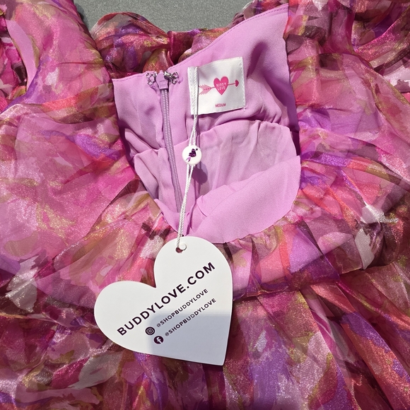 NWT Buddy Love Pink and Purple Floral Dainty Elegant Puff Sleeve Dress M PTP 19 - Picture 6 of 6